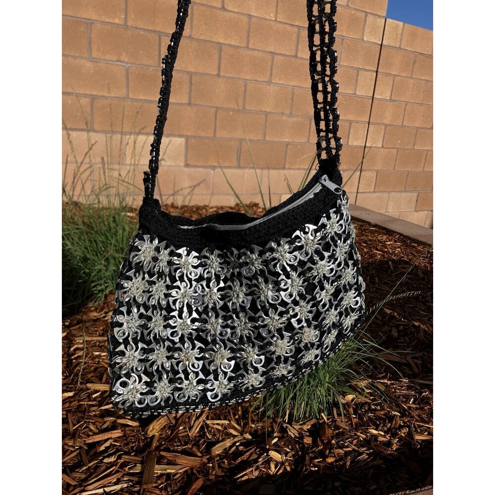Handmade Crochet Shoulder Purse Black White Aluminum Metal Pull Tabs Artisan Bag